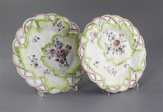 A pair of Derby leaf and basket weave moulded plates, c.1758, d. 21cm, small foot chips